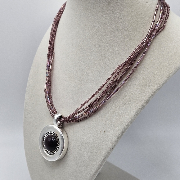 VINTAGE Purple Lavender Multi Strand Beaded Silver Tone Pendant Necklace - Picture 1 of 4